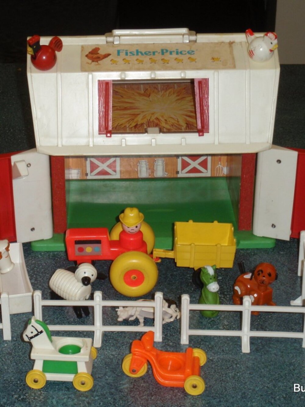 1986 Fisher Price Barn With Silo Cow Tractor Sheep Dog Fence Collectible Toys